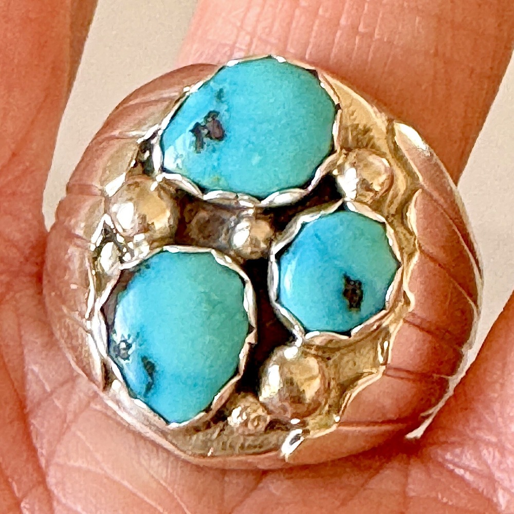 Mens Navajo Turquoise‎ Ring Sz 12 Signed Spencer 22mm Band Three Stone Fans